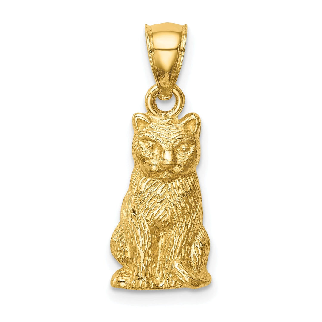 14K Yellow Gold Solid Textured Brushed Finish Cat Sitting Charm Pendant