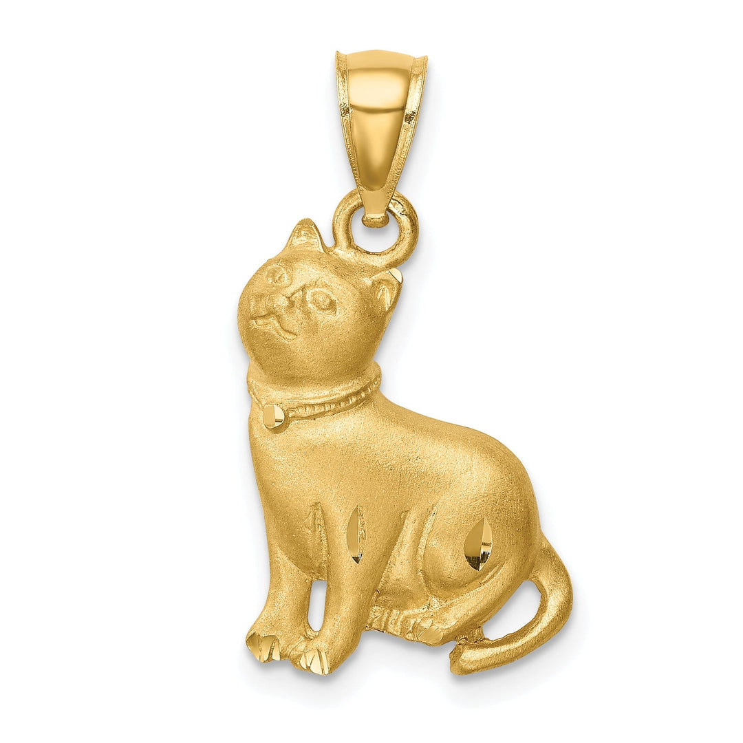 14K Yellow Gold Solid Brushed Diamond Cut Finish Sitting Cat Design Charm Pendant