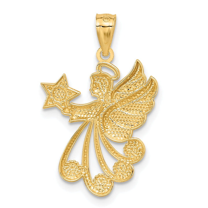 14K Yellow Gold White Rhodium Solid Textured Diamond Cut Polished Finish Angel Holding Star Charm Pendant