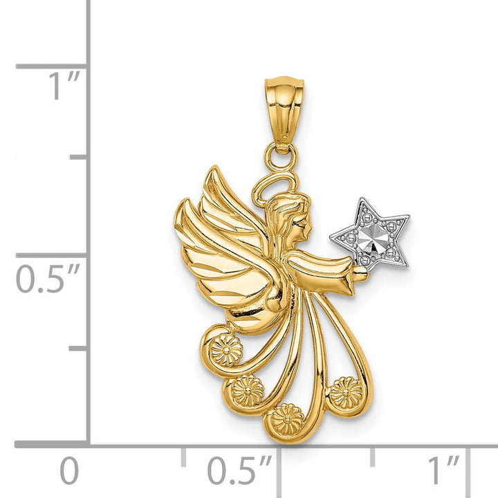 14K Yellow Gold White Rhodium Solid Textured Diamond Cut Polished Finish Angel Holding Star Charm Pendant