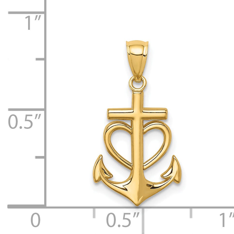 14K Yellow Gold Polished Finish Solid Anchor with Heart Design Pendant