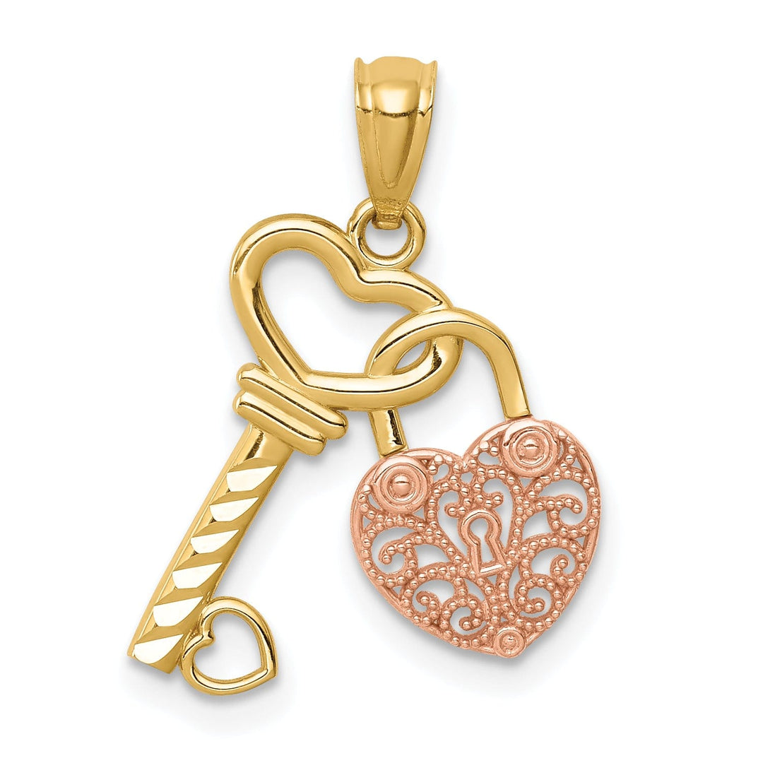 14K Yellow Rose Gold Filigree Heart Lock Design and Key Charm Pendant