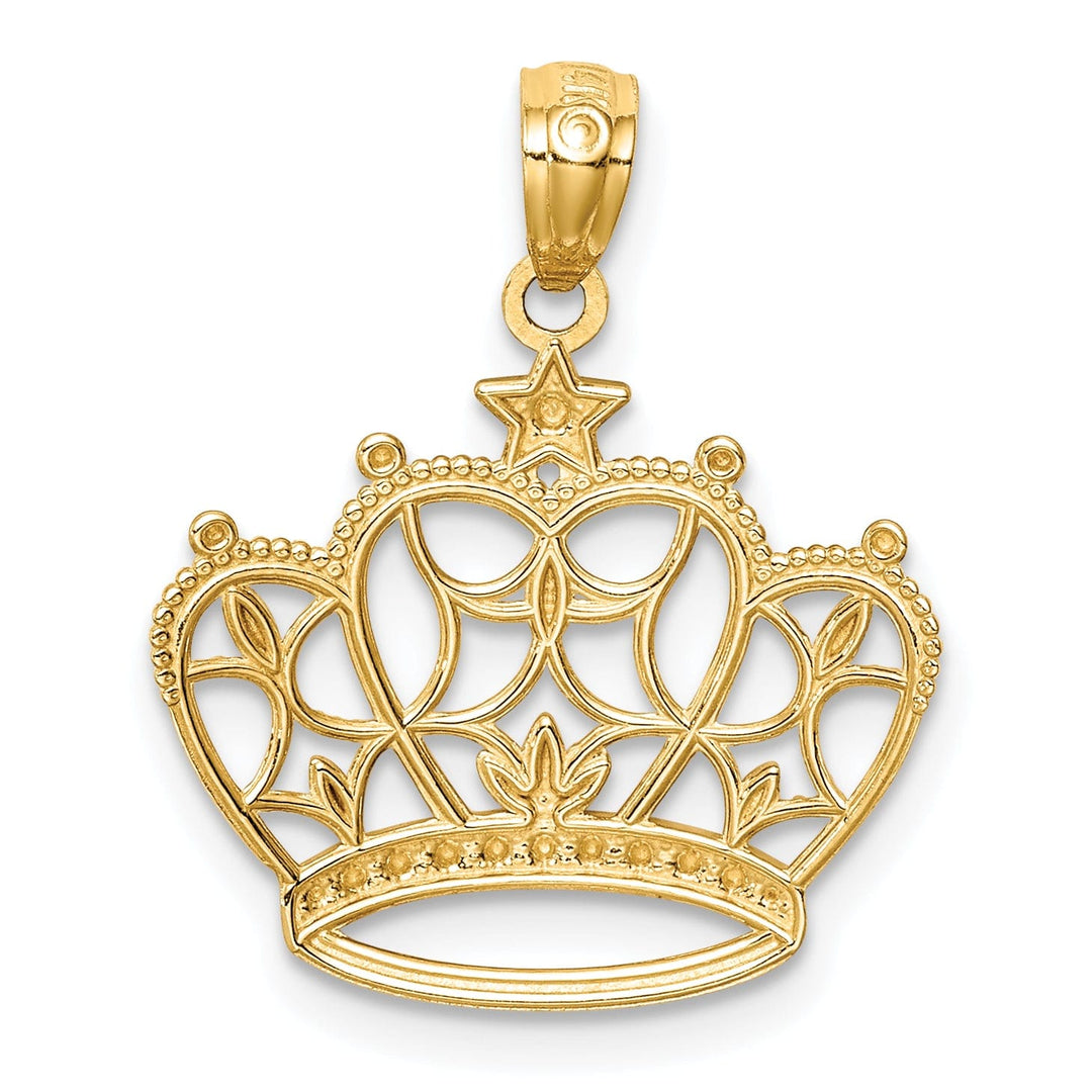 14K Yellow Gold White Rhodium Open Back Solid Polished Diamond Cut Finish Filigree Crown Design Charm Pendant
