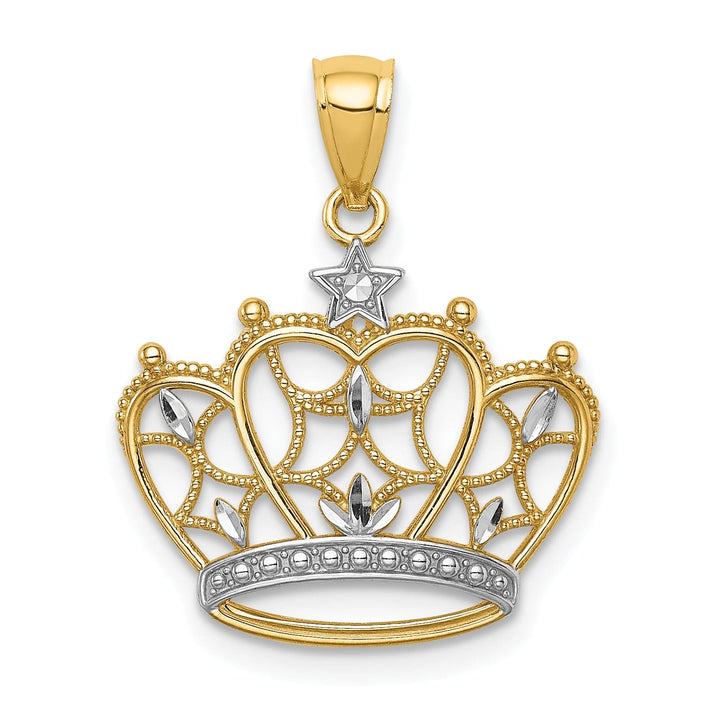 14K Yellow Gold White Rhodium Open Back Solid Polished Diamond Cut Finish Filigree Crown Design Charm Pendant