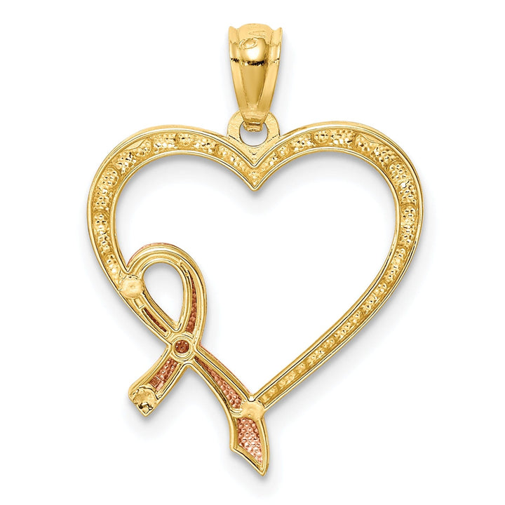 14K Yellow Gold Rose Rhodium Solid Textured Polished Finish Concave Shape Pink Ribbon with Heart Design Charm Pendant
