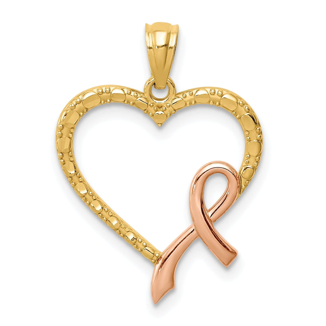 14K Yellow Gold Rose Rhodium Solid Textured Polished Finish Concave Shape Pink Ribbon with Heart Design Charm Pendant