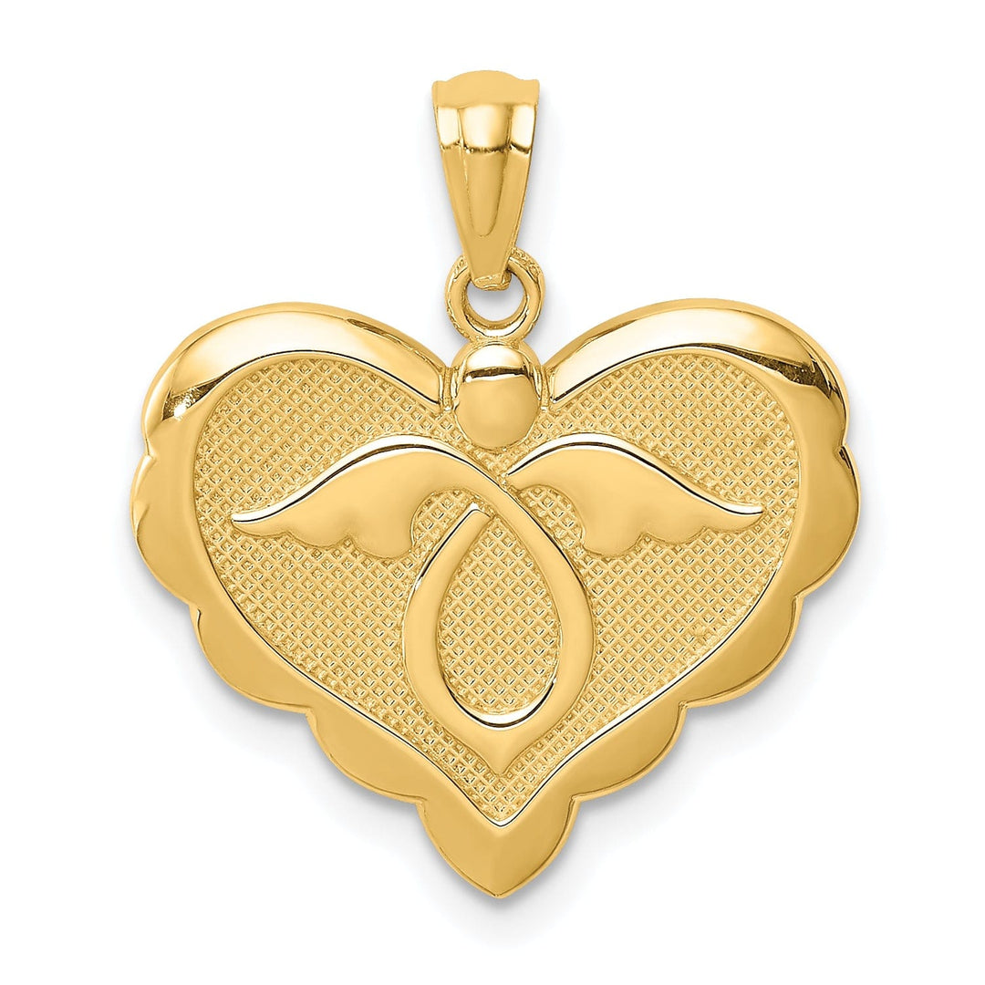 14K Yellow Gold Texture Polished Finish Solid Angel in Heart Pendant
