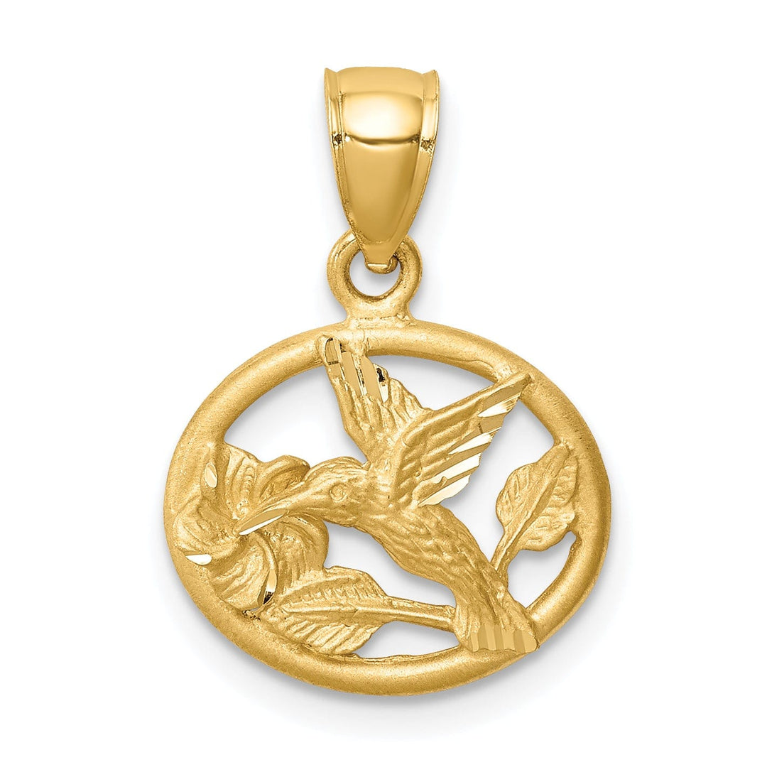14K Yellow Gold Solid Brushed Diamond Cut Brushed Finish Circle Shape Design Hummingbird Charm Pendant