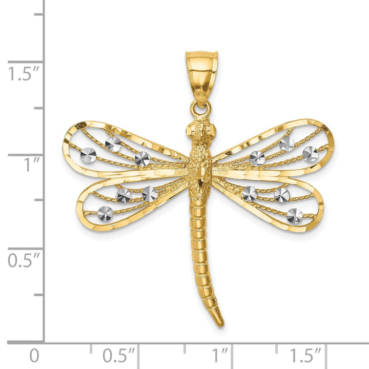 14k Yellow Gold White Rhodium Solid Diamond Cut Polished Finish Dragonfly Charm Pendant