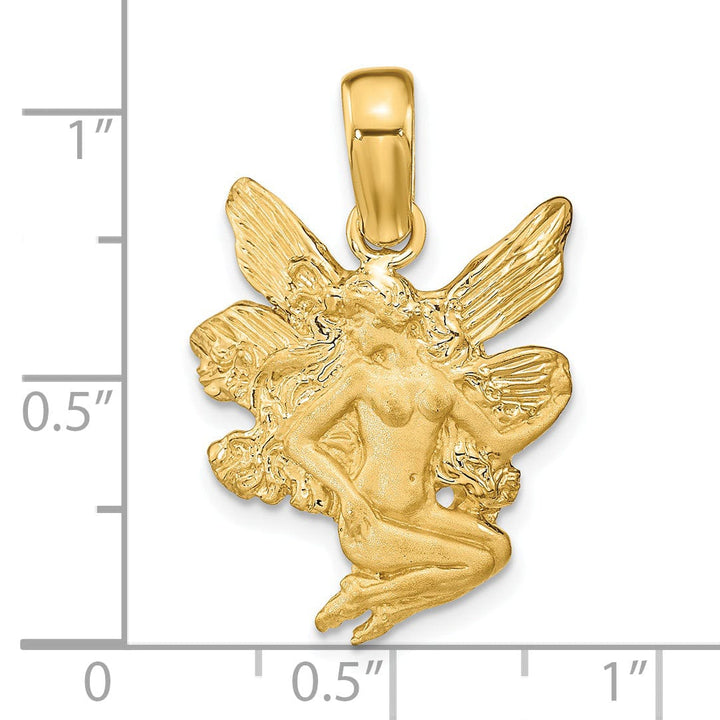 14k Yellow Gold Satin Polished Finish Fairy with Wings Design Charm Pendant