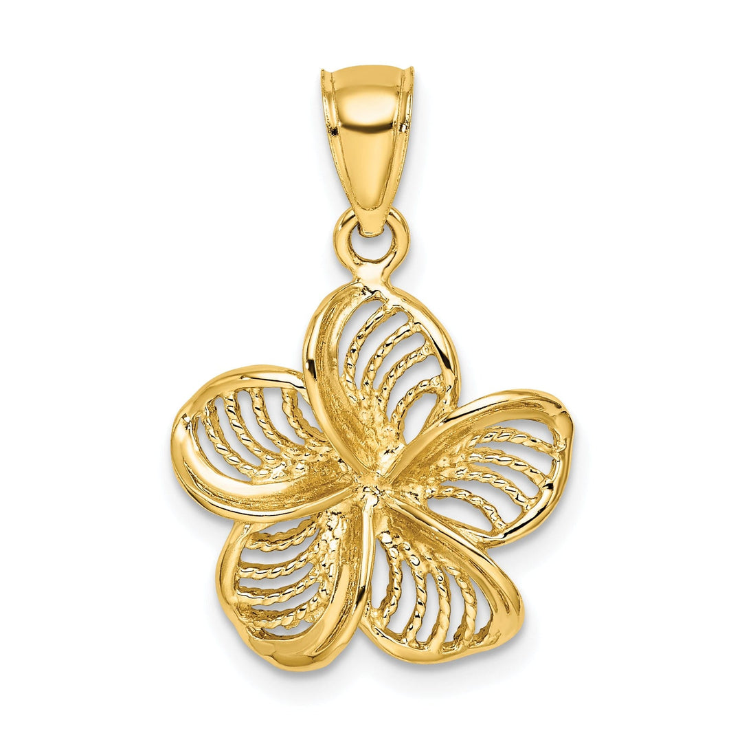 14k Yellow Gold Textured Back Solid Beaded Polished Finish Plumeria Flower Charm Pendant