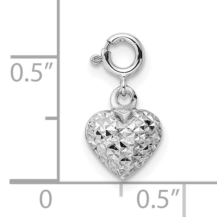 14K White Gold Hollow Diamond Cut Finish Women's 3-Dimensional Heart Design with Spring Ring Clasp Charm Pendant