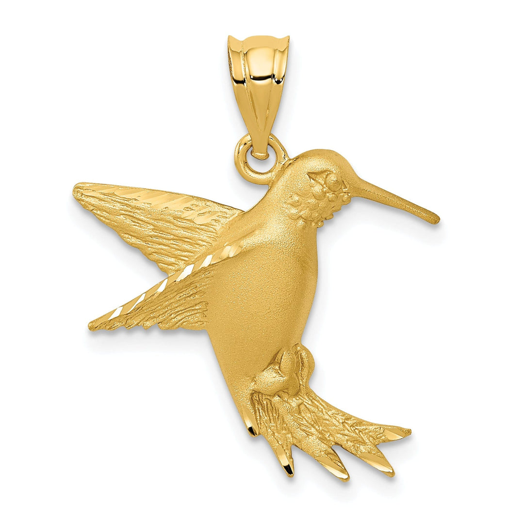 14k Yellow Gold Solid Brushed Finish Flying Hummingbird Design Charm Pendant