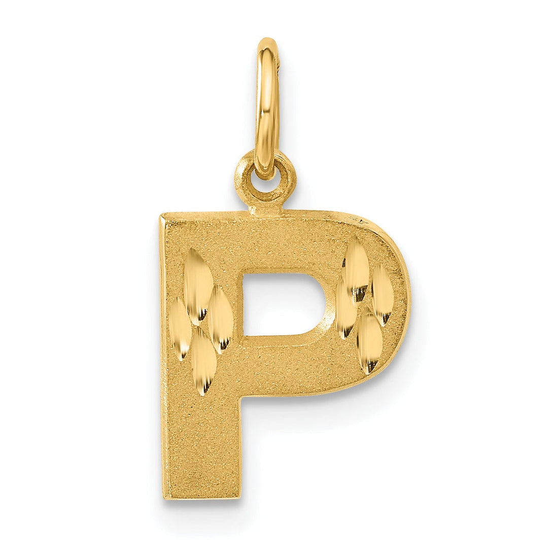 14k Yellow Gold Satin Diamond Cut Finish Letter P Initial Charm Pendant