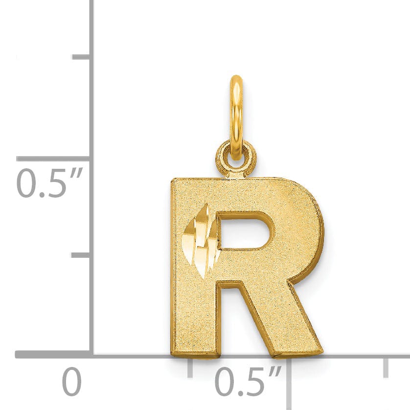 14k Yellow Gold Satin Diamond Cut Finish Letter R Initial Charm Pendant
