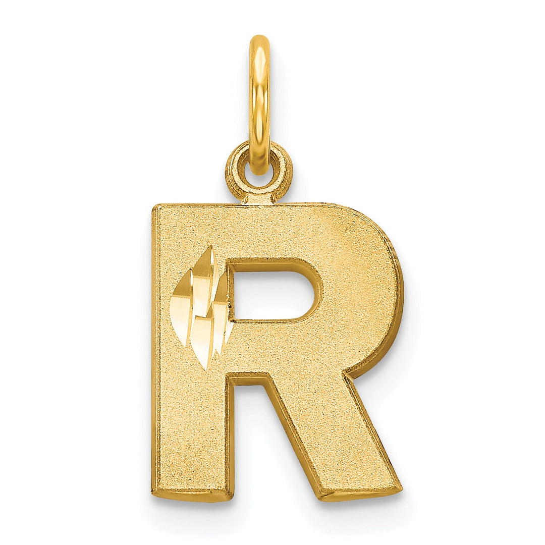 14k Yellow Gold Satin Diamond Cut Finish Letter R Initial Charm Pendant