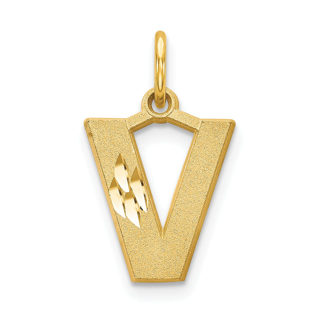 14k Yellow Gold Satin Diamond Cut Finish Letter V Initial Charm Pendant