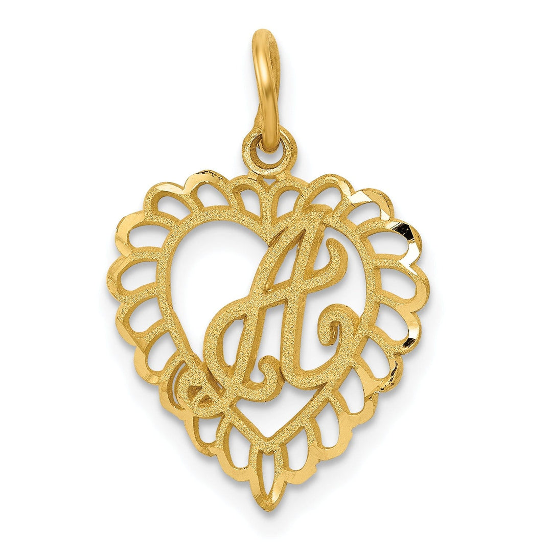 14k Yellow Gold Heart Shape Script Design Letter A Charm Pendant