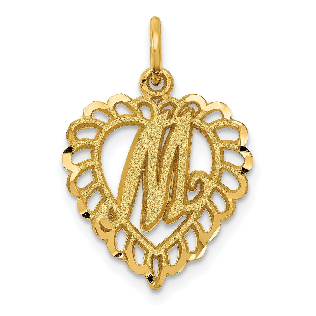 14k Yellow Gold Heart Shape Script Design Letter M Charm Pendant