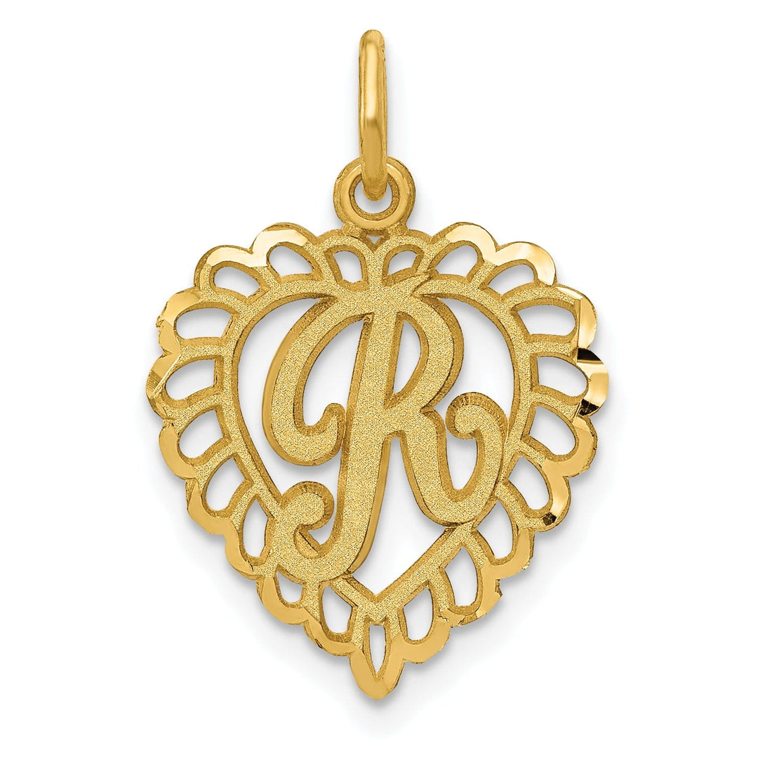 14k Yellow Gold Heart Shape Script Design Letter R Charm Pendant