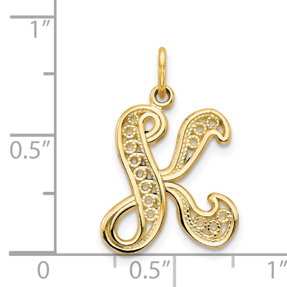 14K Yellow GoldFancy Filigree Script Design Letter K Initial Pendant