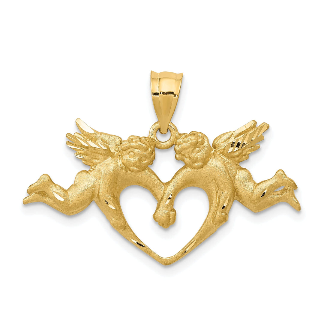 14k Yellow Gold Satin D.C Finish Solid Two Angels Heart Pendant