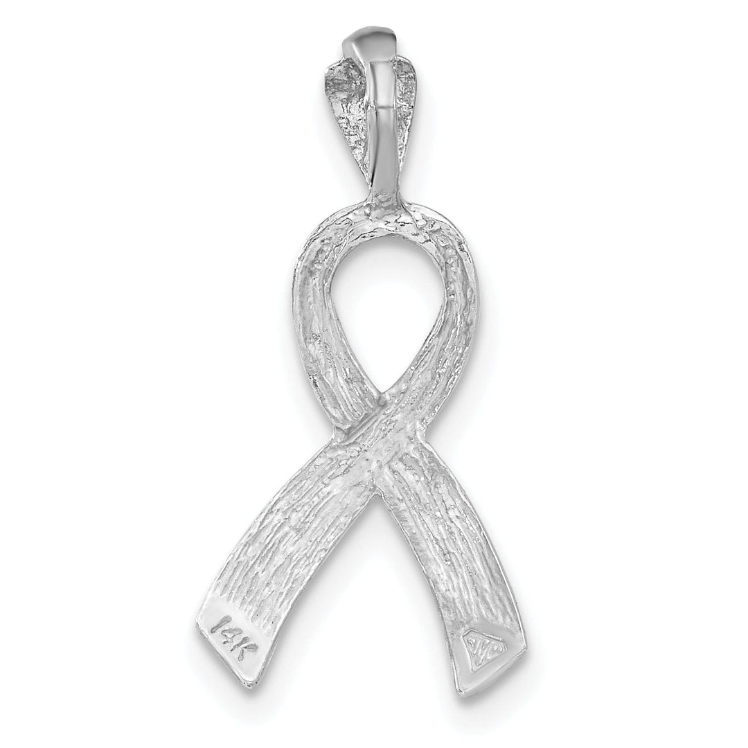 14k White Gold Solid Textured Brushed Diamond Cut Finish Awareness Ribbon Charm Pendant