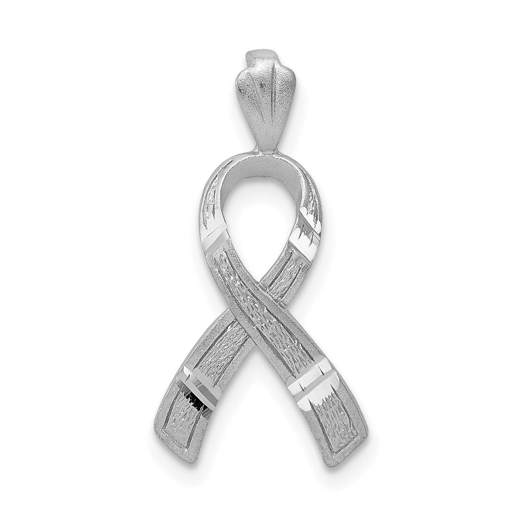 14k White Gold Solid Textured Brushed Diamond Cut Finish Awareness Ribbon Charm Pendant