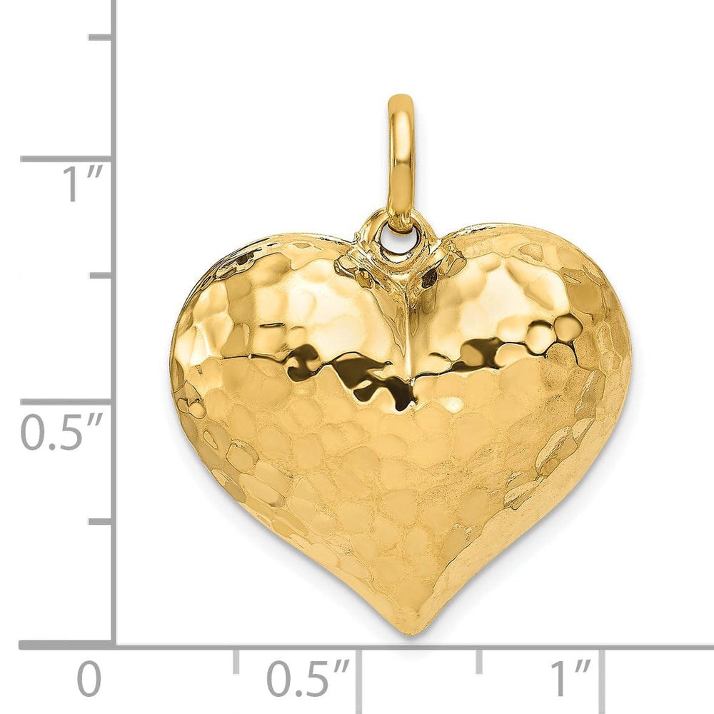 14K Yellow Gold Hollow Polished Hammered Finish 3-Dimenisonal Puff Heart Shape Design Charm Pendant