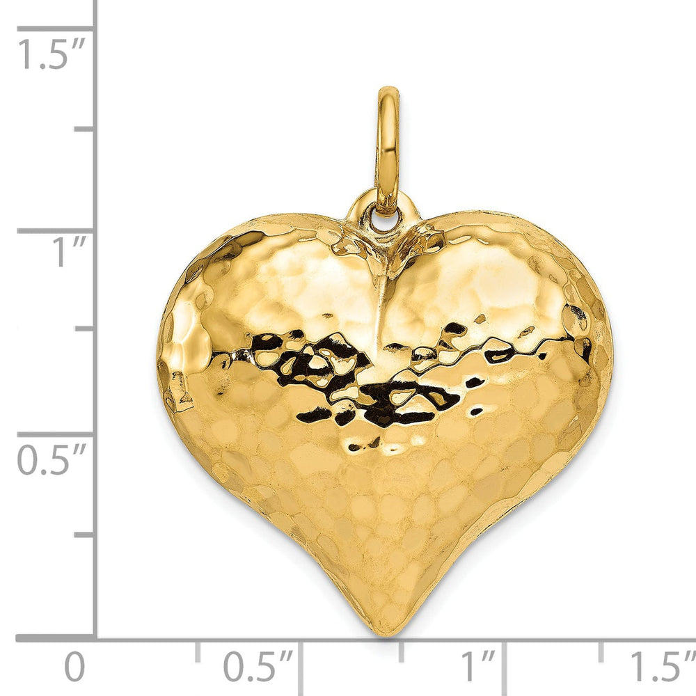 14K Yellow Gold Polished Hammered Finish Hollow 3-Dimenisonal Puff Heart Shape Design Charm Pendant