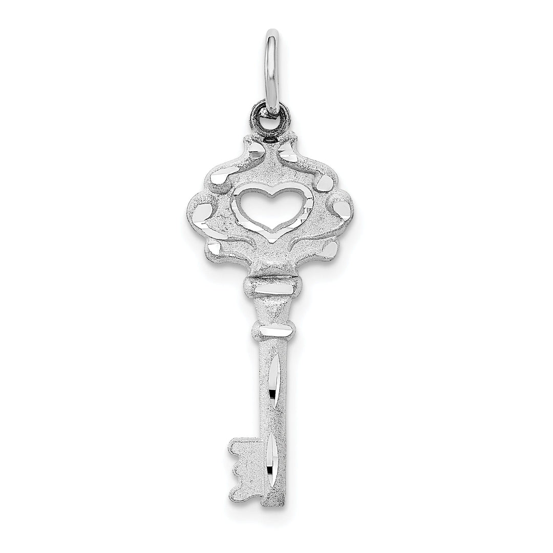 14k White Gold Solid Key with Heart Cut Out Design Charm Pendant