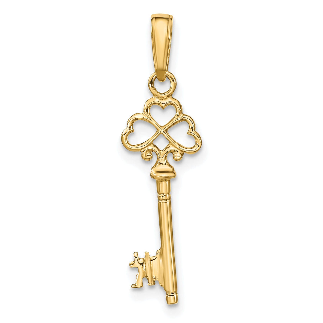 14K Yellow Gold Polished Finish Solid 3-D Hearts Design Key Charm Pendant