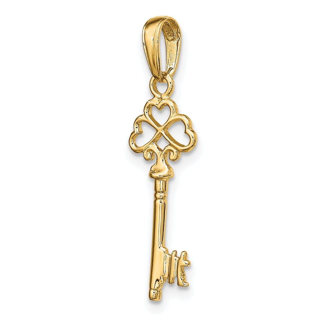 14K Yellow Gold Polished Finish Solid 3-D Hearts Design Key Charm Pendant