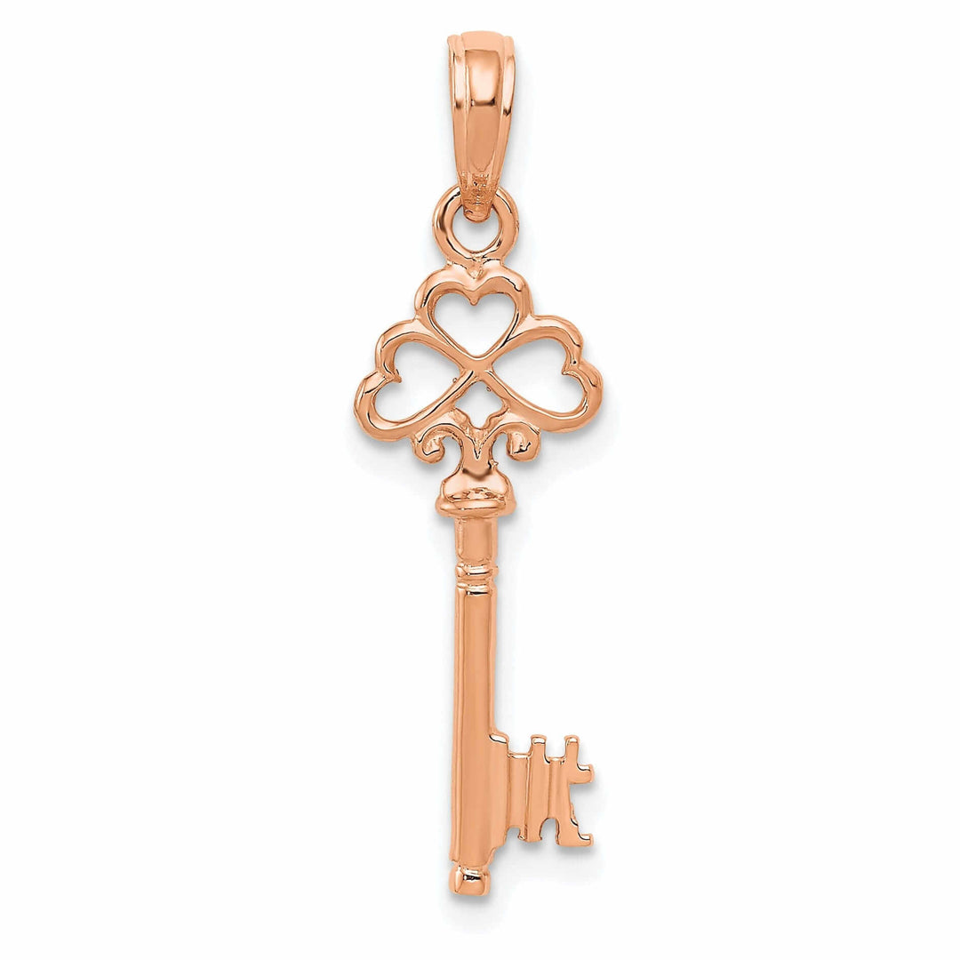 14K Rose Gold Polished Finish Solid 3-D Hearts Design Key Charm Pendant
