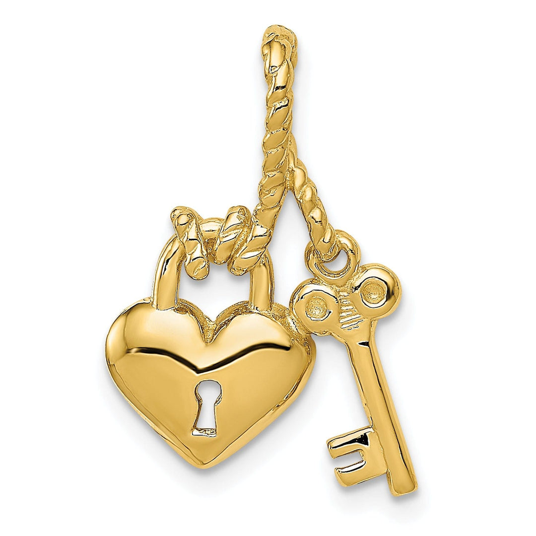 14K Yellow Gold Heart Lock Design with Key Rope Tied to Lock Charm Pendant