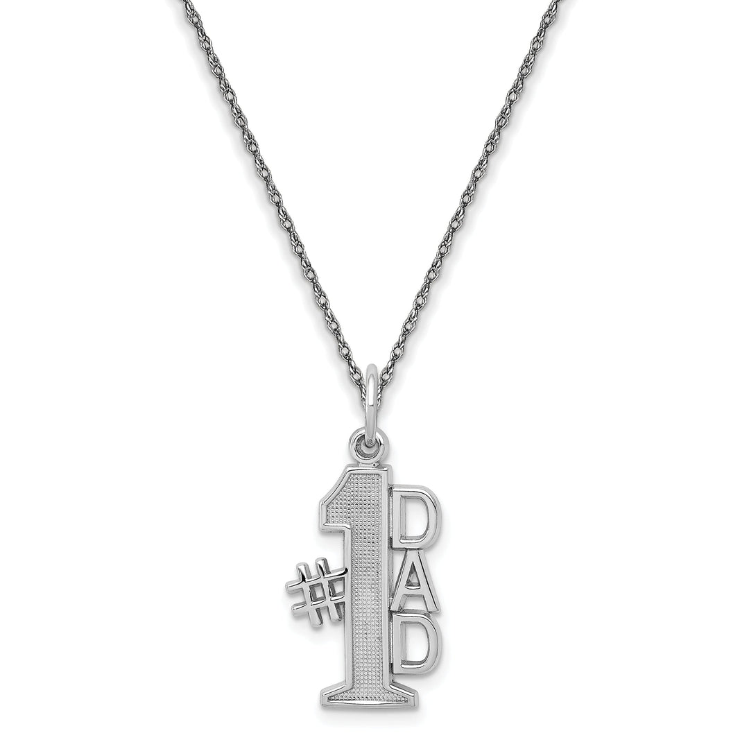 14k White Gold Polished Textured Finish # 1 Dad Vertical Shape Charm Pendant with 18-inch Rope Chain Necklace