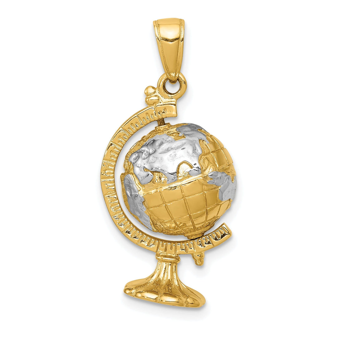 14k Yellow Gold White Rhodium Polished Finished Solid World Globe Charm Pendant