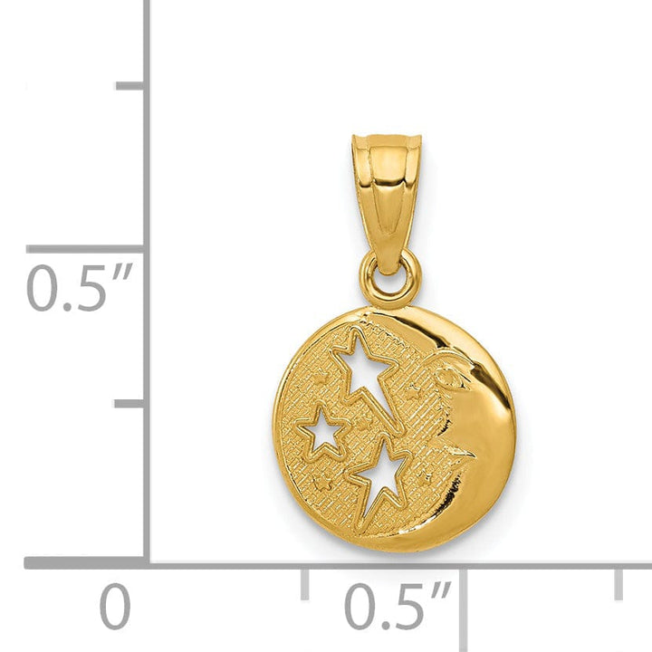 14k Yellow Gold Solid Textured Polished Finish Moon and Stars Design Charm Pendant