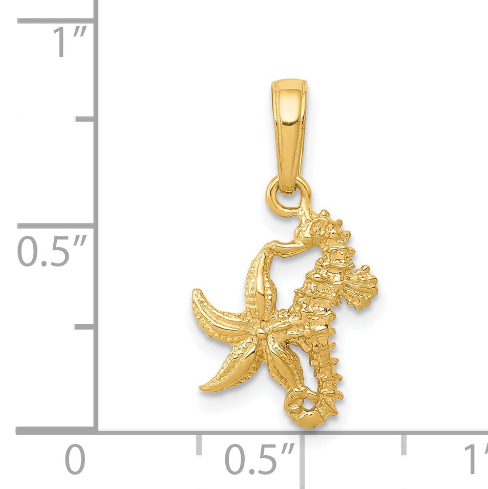 14K Yellow Gold Solid Texture Polished Finish Men's Seahorse and Starfish Charm Pendant