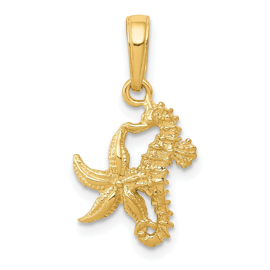 14K Yellow Gold Solid Texture Polished Finish Men's Seahorse and Starfish Charm Pendant