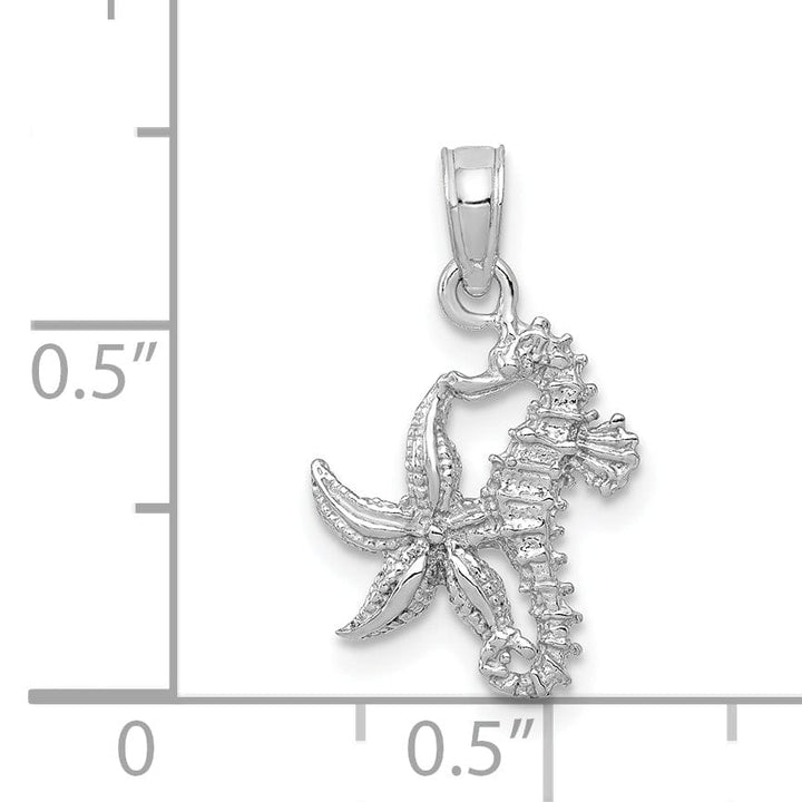 14K White Gold Solid Texture Polished Finish Men's Seahorse and Starfish Charm Pendant