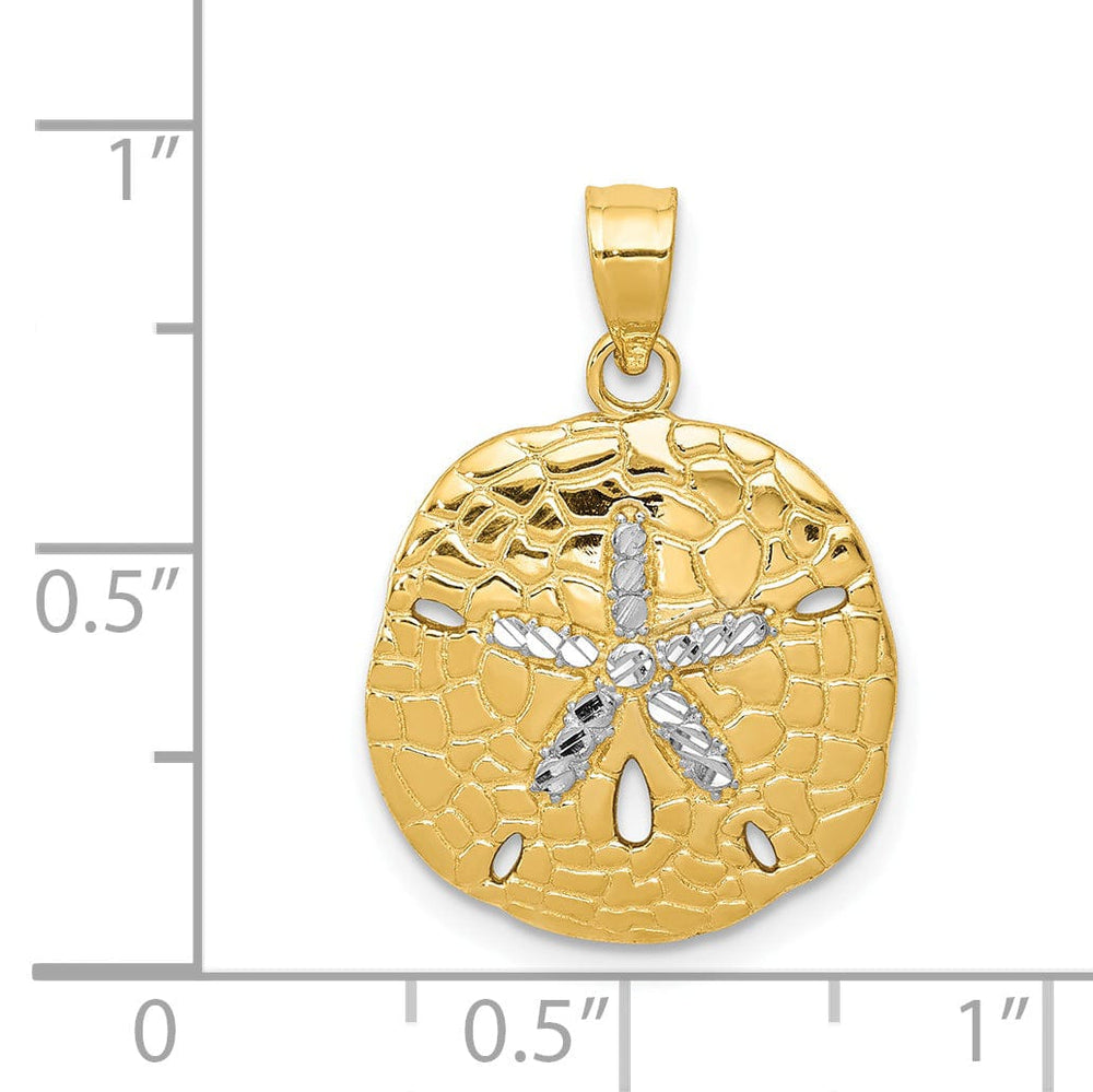 14K Yellow Gold, White Rhodium Polished Diamond-Cut Finish Solid Sand Sea Dollar Charm Pendant
