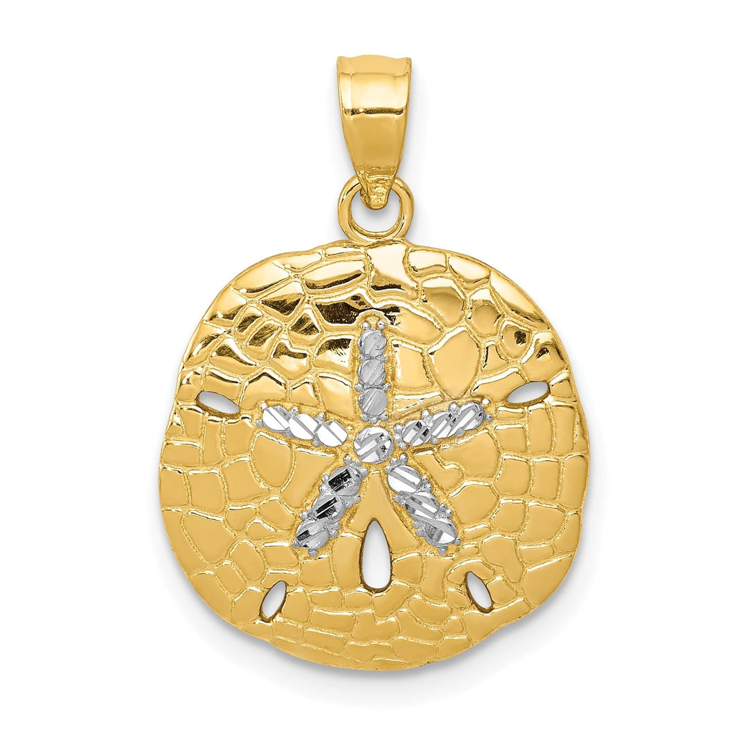 14K Yellow Gold, White Rhodium Polished Diamond-Cut Finish Solid Sand Sea Dollar Charm Pendant