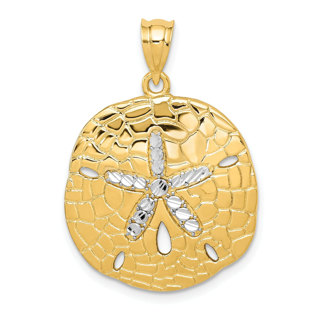 14K Yellow Gold, White Rhodium Polished Diamond Cut Finish Solid Sand Sea Dollar Charm Pendant