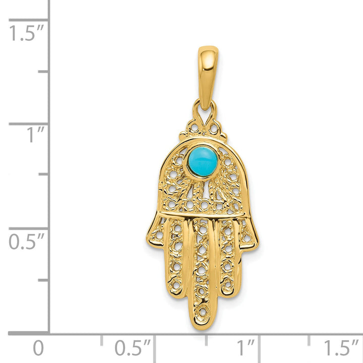 14k Yellow Gold Synthetic Turquoise Stone Filigree Chamseh Pendant