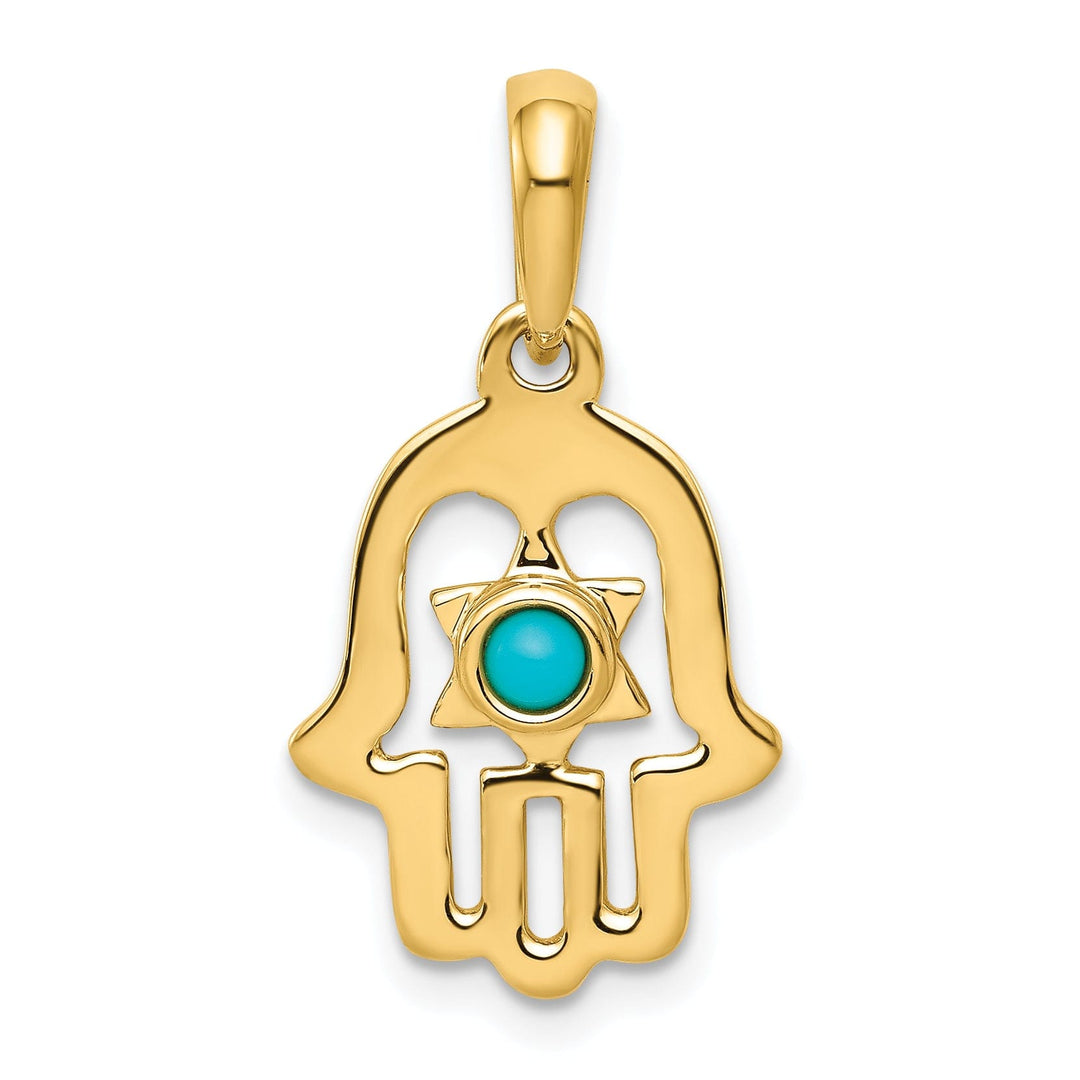 14k Yellow Gold Solid Polish Synthetic Turquoise Stone Chamseh Pendant