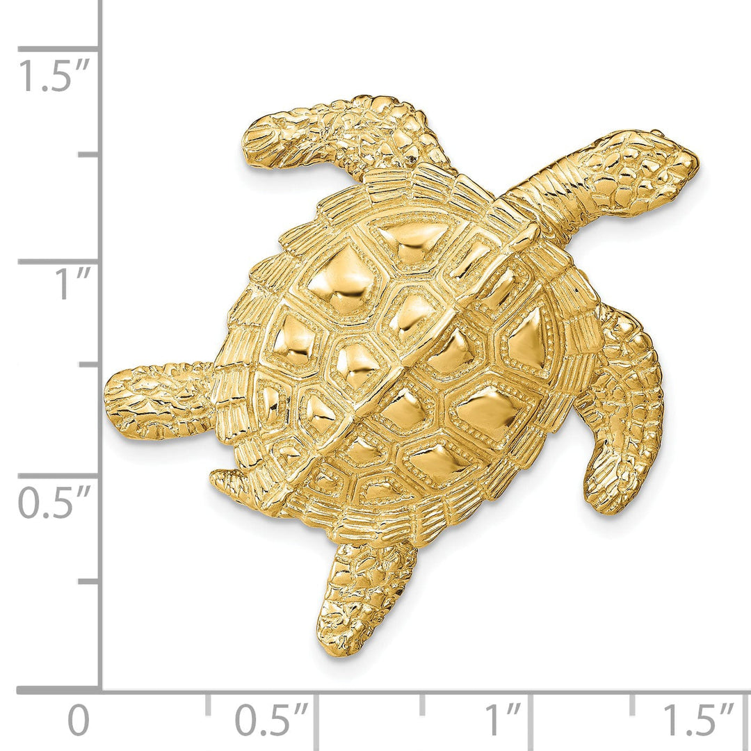 14k Yellow Gold Textured Solid Polished Finish Sea Turtle Slide. Fits up to 8mm Omega or 10mm Fancy Omega.