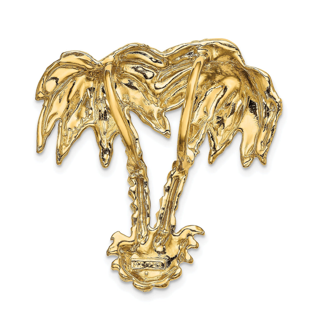 14k Yellow Gold Solid Textured Polished Finish Open Back Double Palm Trees Slide Pendant