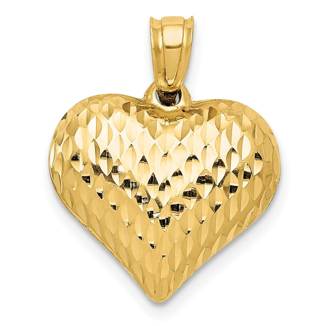 14K Yellow Gold Polished Textured Finish Hollow 3-Dimenisonal Puff Heart Shape Design Charm Pendant