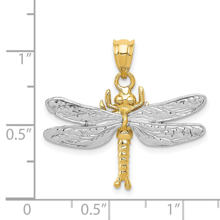 14k Two-Tone Gold Solid Textured Polished Finish Dragonfly Charm Pendant